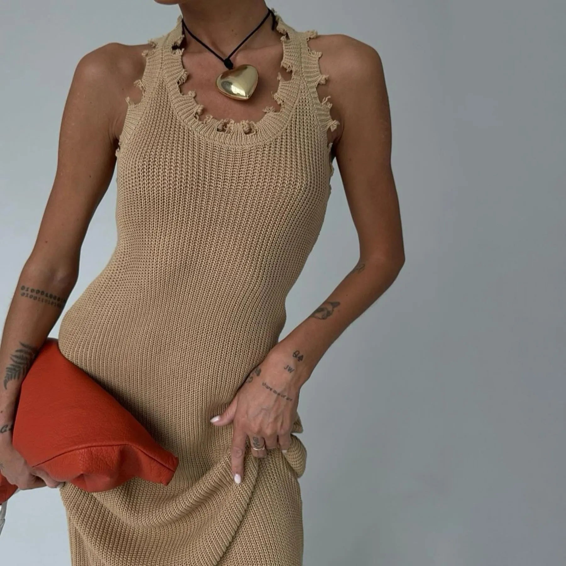 Frayed Hem Slim Fit I-shaped Vest Knitted Dress - Bellarte Enchanté Frayed Hem Slim Fit I-shaped Vest Knitted Dress